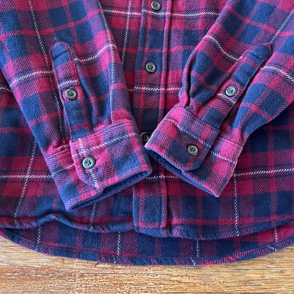 Orvis Big Bear Heavyweight Flannel Plaid Shirt Red Blue Sangria Cotton Men's M